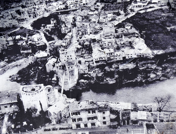 Aerial photo of the massive destruction to Mostar during the war