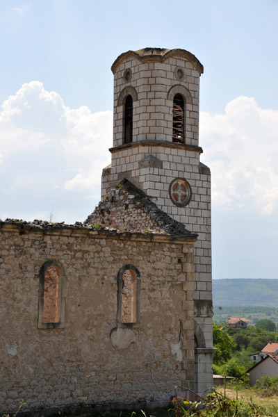 Church ruins with a reconstructed bell tower