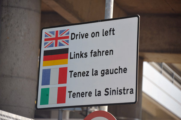 Drive on Left - sign leaving the rental car lot at Gatwick Airport