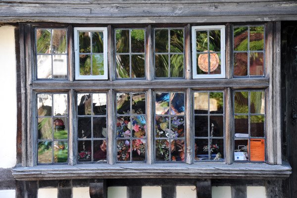 Window with flowers and green reflections, Church Square, Rye