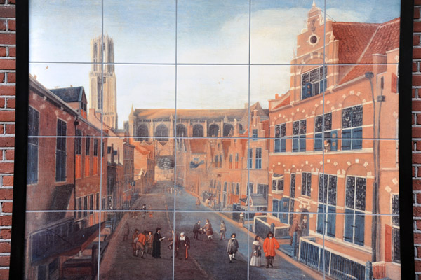 Tiles at Korte Nieuwstraat 6 showing the nave of Utrecht Cathedral before the 1674 collapse