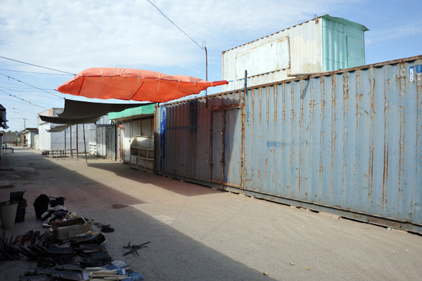 Recycled shipping containers used as shops at the Trkmenabat Bazar