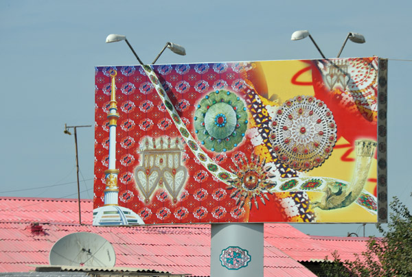 Billboard with various Turkmen motifs