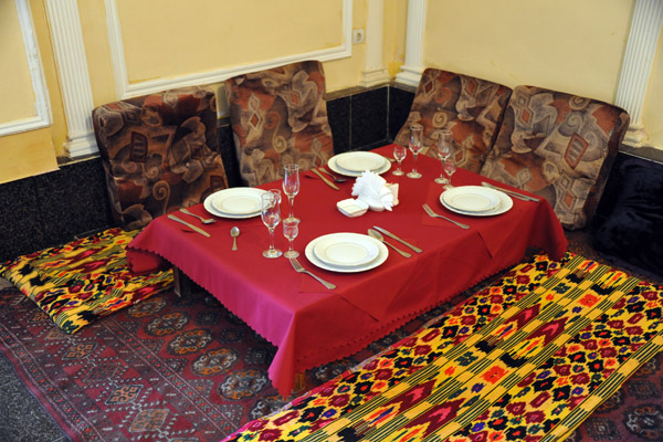 Traditional seating at a restaurant in Trkmenabat