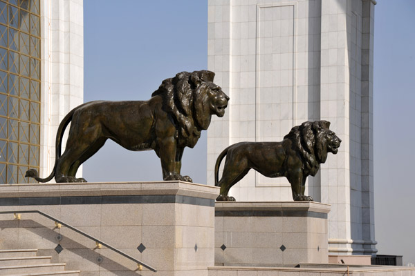 Lions on the steps of the National Library of Turkmenistan