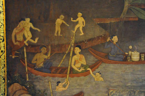 Wall mural with a river scene, Wihan of the Reclining Buddha, Wat Pho