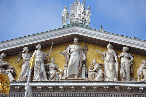 Pediment of the Austrian Parliament centered on a likeness of Kaiser Franz Josef I in the center 