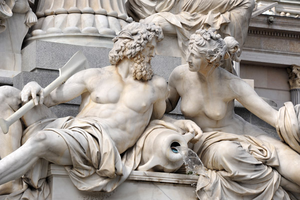Pallas Athena Fountain - the River Inn as a bearded man and the Danube as a woman, sculpted by Hugo Härdtl