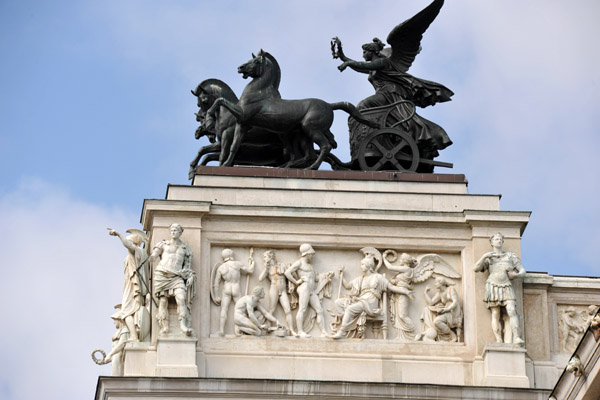 Quadriga Chariots driven by Nike, Goddess of Victory, face outward from each wing of the Austrian Parliament Building