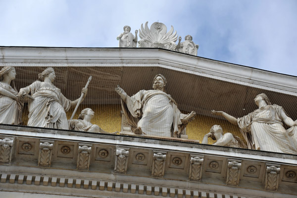 Emperor Franz Josef I in the place of honor on the pediment over the main entrance to the Austrian Parliament