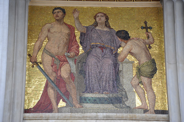 Mosaic of Justice with the winner of the Sword of Judgement and a young man with the Cross of Justice