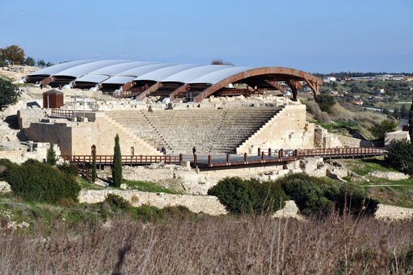 The ancient theater of Kourion with the modern roof protecting the archeological excavations of the House of Eustolios