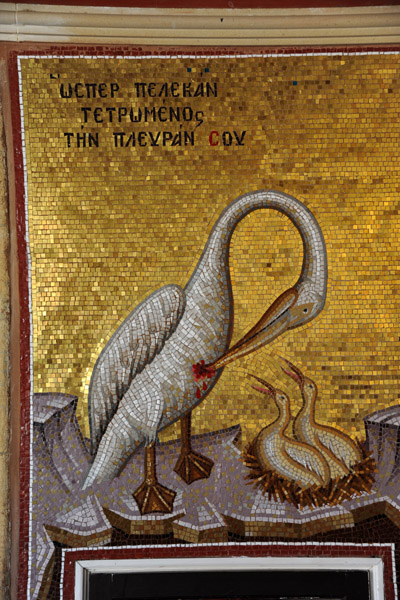 Mosaic - Pelican feeding her own blood to the chicks - allegory of Christ giving his blood to save humanity