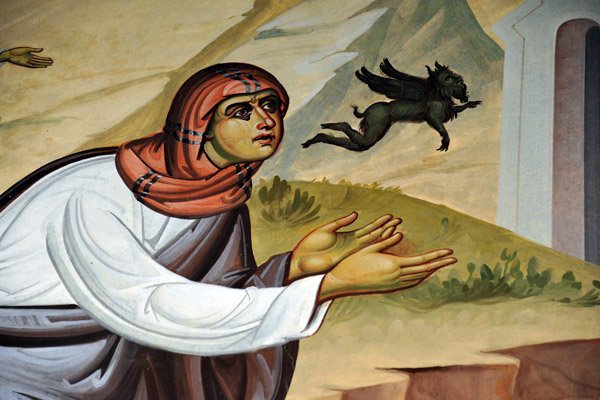 Detail of a Kykkos Monastery mural with a little black flying demon