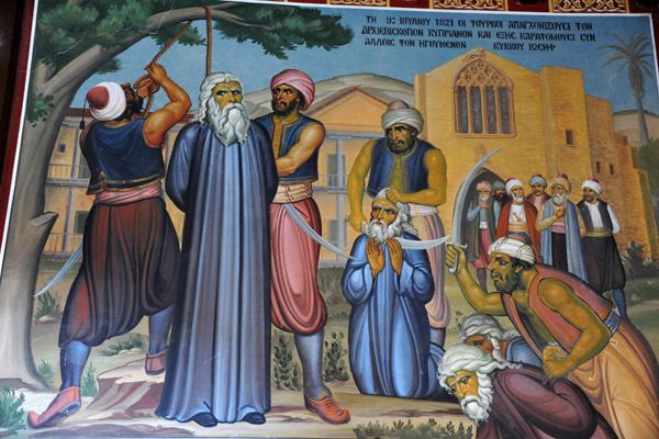 Mural - 9 July 1921 - The Turks hung Archbishop Kyprianos along with Abbot Joseph of Kykkos Monastery and 484 Greek Rebels