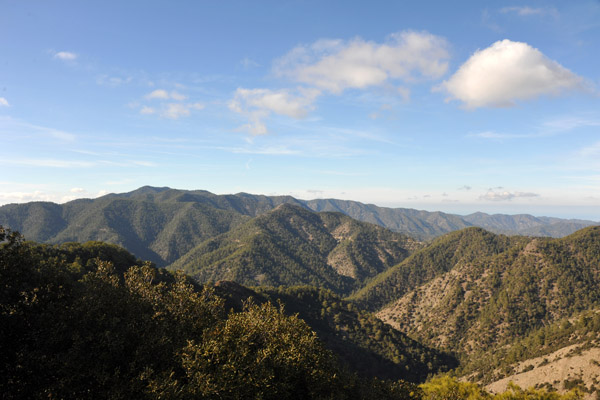 The road to the mountain top Tomb of Archbishop Makarios provides good views of the forested Trodos Mountains
