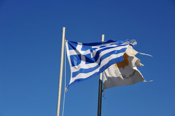 The flags of Greece and the Republic of Cyprus at the war memorial