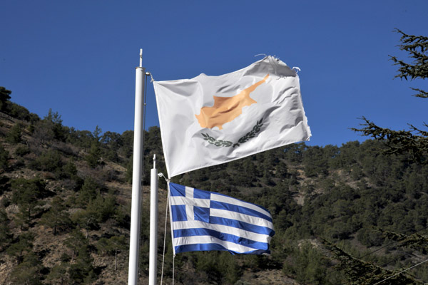 The white flag of the Republic of Cyprus is usually displayed together with the flag of Greece