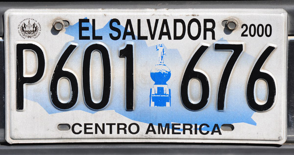 El Salvador License Plate (2000) with the statue of El Salvador Del Mundo