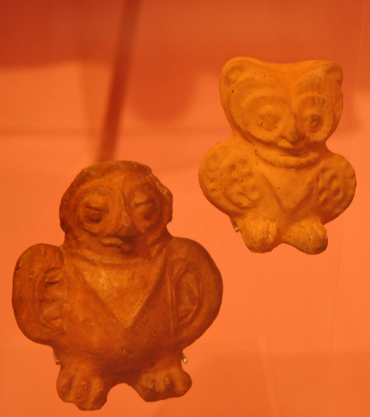 Zoomorphic shape whistles with representations of owls, Classic Period 250-900 AD