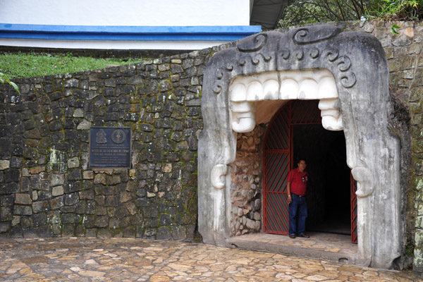 The cave-like entrance to the Copan Museum