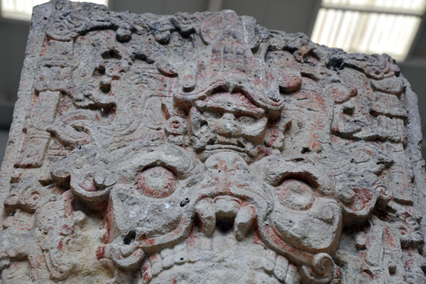 Detail of the ruler's crown on a stela, Copan Musuem