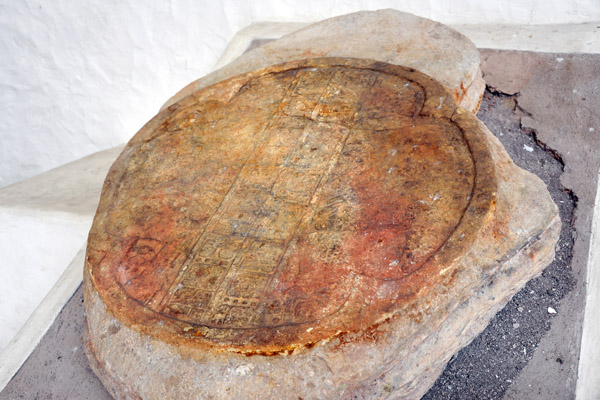 Limestone disk which served as a tombstone beneath the hieroglyphic stairway with the earliest known inscription found a Copan