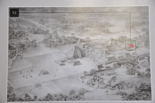 Artist's rendition of Copan used throughout the museum to point out the original location of structures moved into the museum