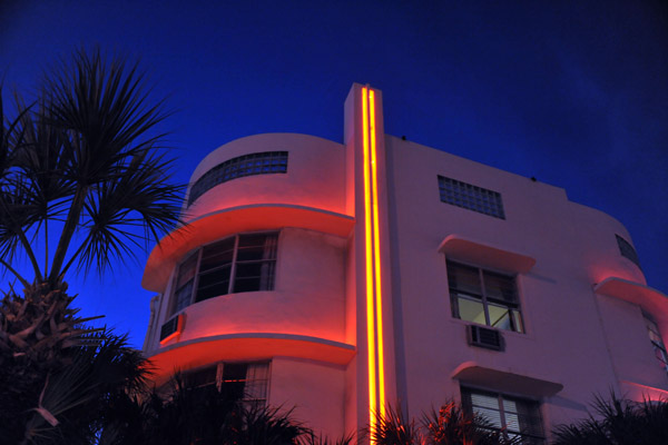 Neon tubes illuminating one of the art deco buildings on Collins Avenue