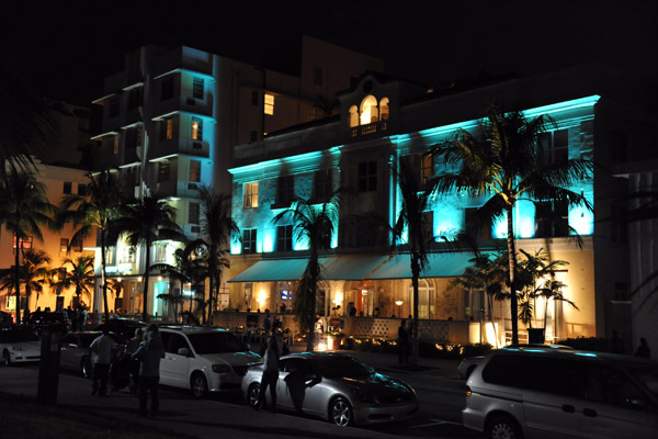 Ocean Drive's historic art deco buildings are lit up at night