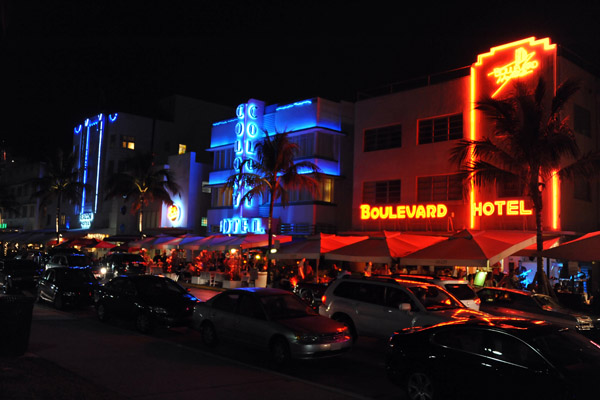 Ocean Drive Art Deco Historic District lit up at night