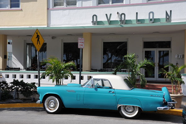 1955 Ford Thunderbird parked in front of the Avalon Hotel, Miami Beach