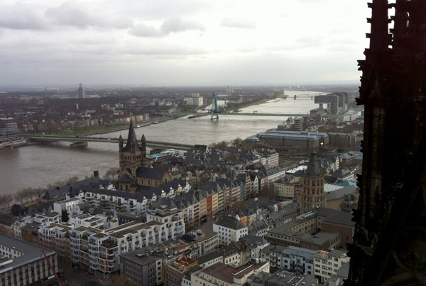 The old city of Cologne on the Rhine River as seen from the top of the Klner Dom
