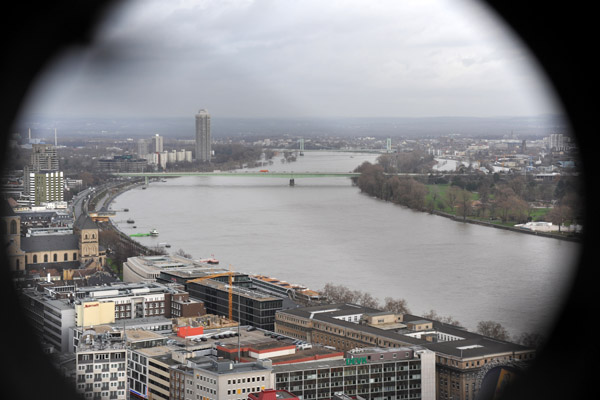 The Rhine to the north through a decorative opening in the cathedral spire