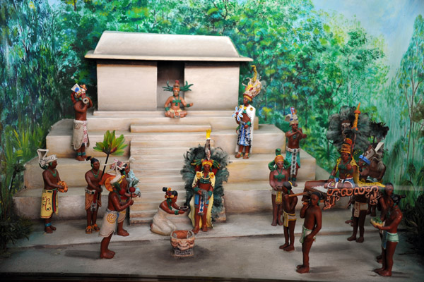 Diorama of a Mayan temple ceremony