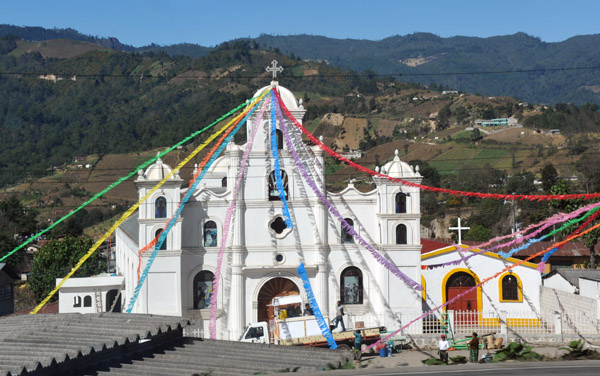 A church with festive banners along the Panamericana approaching Los Encuentros