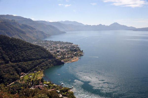 The lakeside tourist hub of Panajachel comes into view on the north shore of Lago de Atitlán