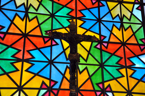 Stained glass and crucifix, Sololá Cathedral