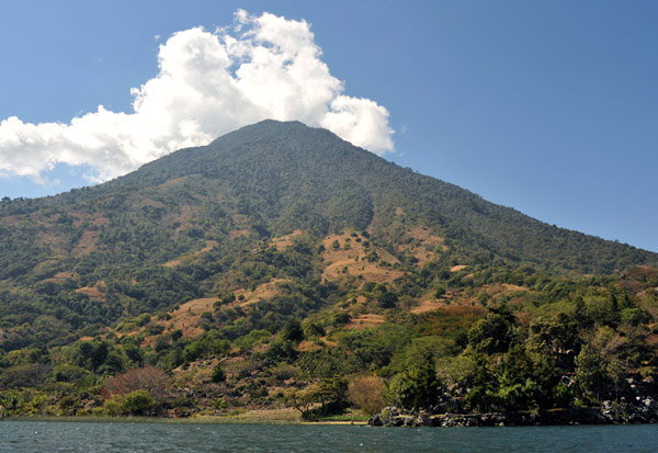 A close look at Volcán San Pedro rising almost 4800 ft above the lake to its summit at 9908 ft