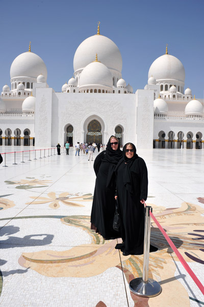 Mom and Adrienne, Sheikh Zayed Mosque floral courtyard