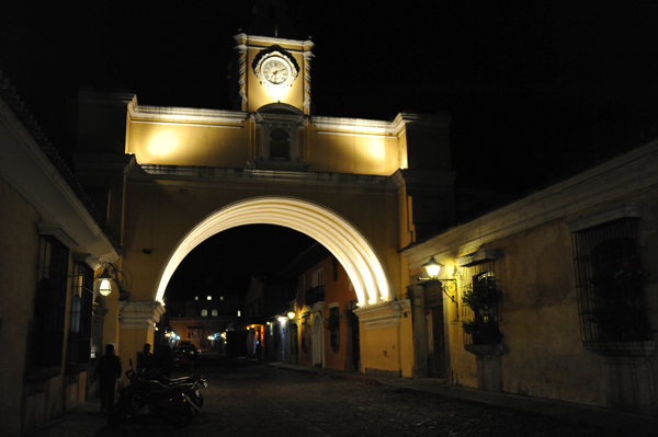 The Santa Catalina Arch illuminated at night, Antigua Guatemala