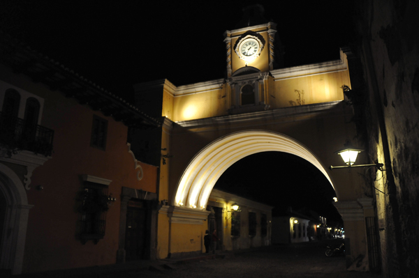 The Santa Catalina Arch illuminated at night, Antigua Guatemala