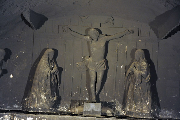 Darkened crucifixion group in the surviving crypt of the Cathedral of Santiago
