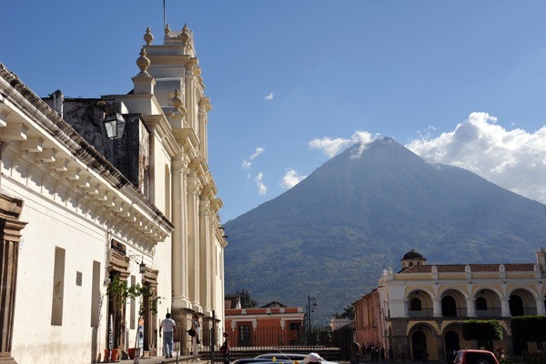 Restored cathedral façade facing Antigua Guatemala's Parque Central