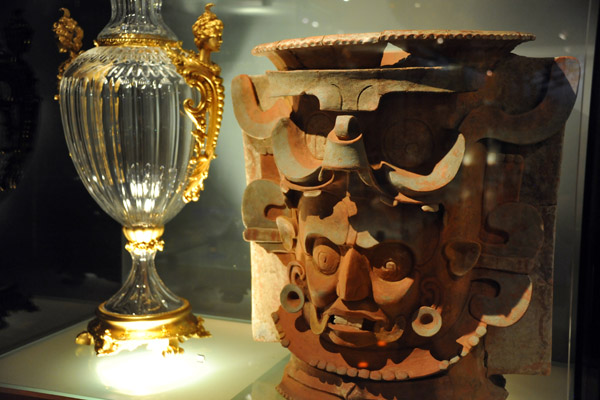 Crystal urn, French-Napoleonic era, and a late-classic period Guatemalan funerary urn, 300-900 AD