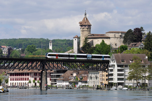 Swiss train crossing the railroad bridge, Schaffhausen