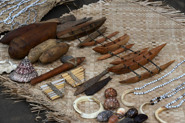 Yakel tribal handicrafts including outrigger canoes, jewellery, axes, tusks and shells