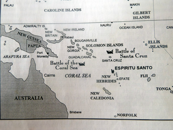 Map with the location of Espiritu Santo in the New Hebrides