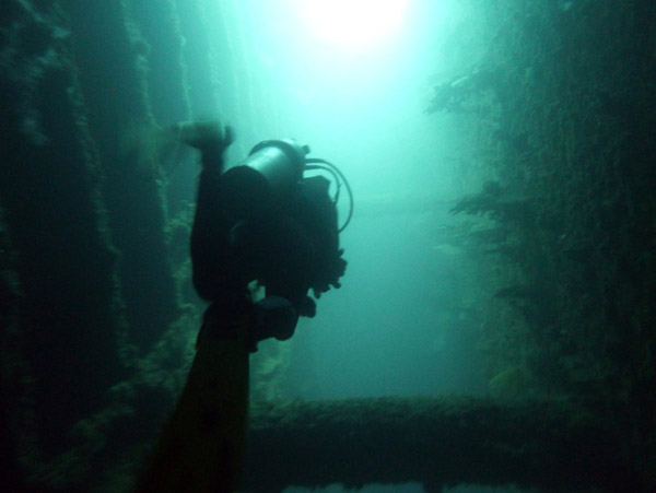 Swimming through the remains of the Promenade Deck now on the top of the wreck