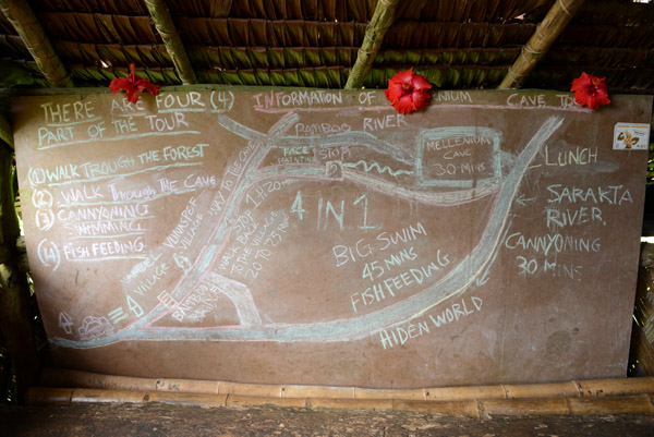 Map of the 4-part tour - walk through the forest, walk through the cave, canyoning/swimming, fish feeding